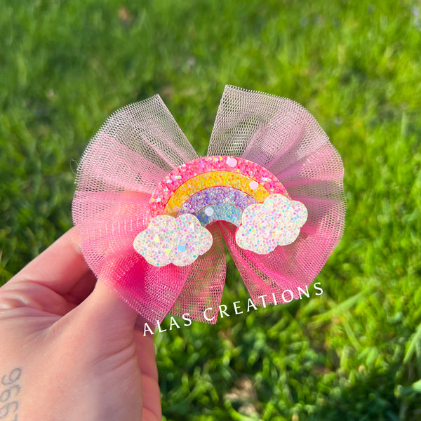 Pink Rainbow Tulle Bow - Clip